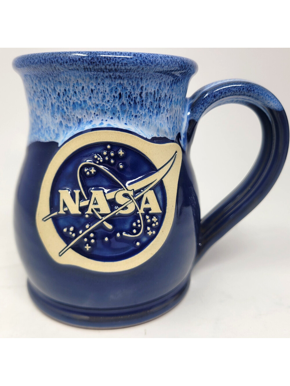 2018 Deneen Pottery NASA Meatball Logo Mug Handthrown Blue Drip Glaze USA Rare